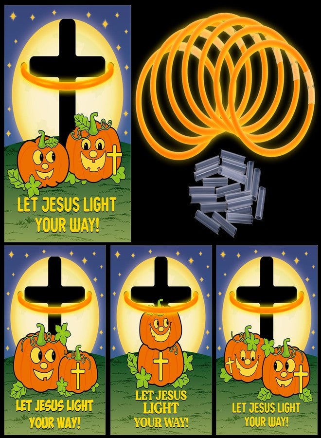 مجموعة MiniInflat المكونة من 15 عصا مضيئة مسيحية للهالوين مع بطاقة هدية عليها آية من الكتاب المقدس، تتضمن 15 قطعة من بطاقات هدايا اليقطين الدينية و15 قطعة من العصي المضيئة البرتقالية في الظلام للفصول الدراسية ومدارس الأحد - Image 1